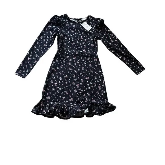 NEW Mango Black Floral Long Sleeve Mini Dress Puff Shoulder Ruffle Hem Size XS - Picture 6 of 12